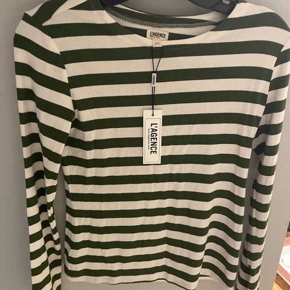 L'AGENCE Tops - L'AGENCE Olive and White Striped Long Sleeve Top
